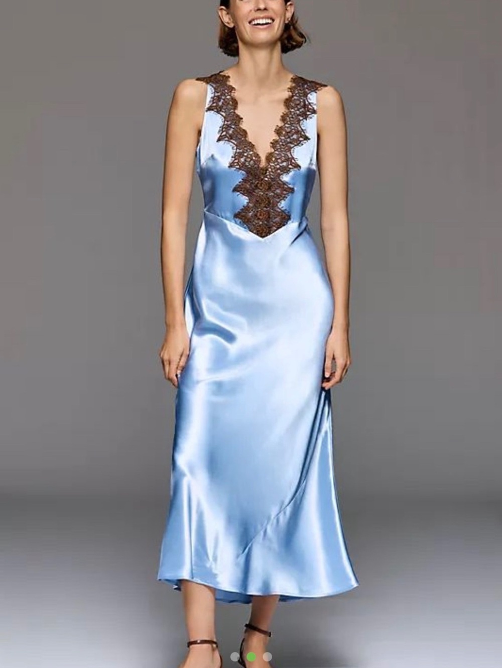 Anthropologie Blue Brown Lace V-Neck Satin Midi Slip Dress Medium - Picture 2 of 5